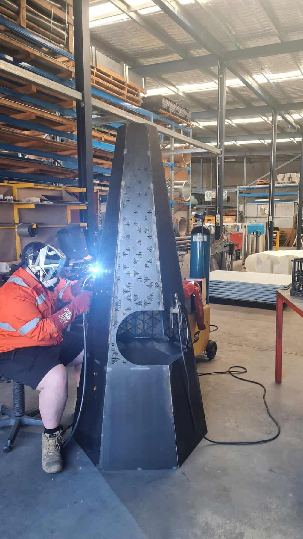 Fire pit structure being joined and welded at Acorn Metal’s Products workshop